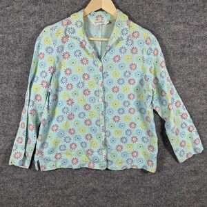Fresh Produce Women S‎ Blouse Floral 100% Linen Button Front Blue  Top Flowers